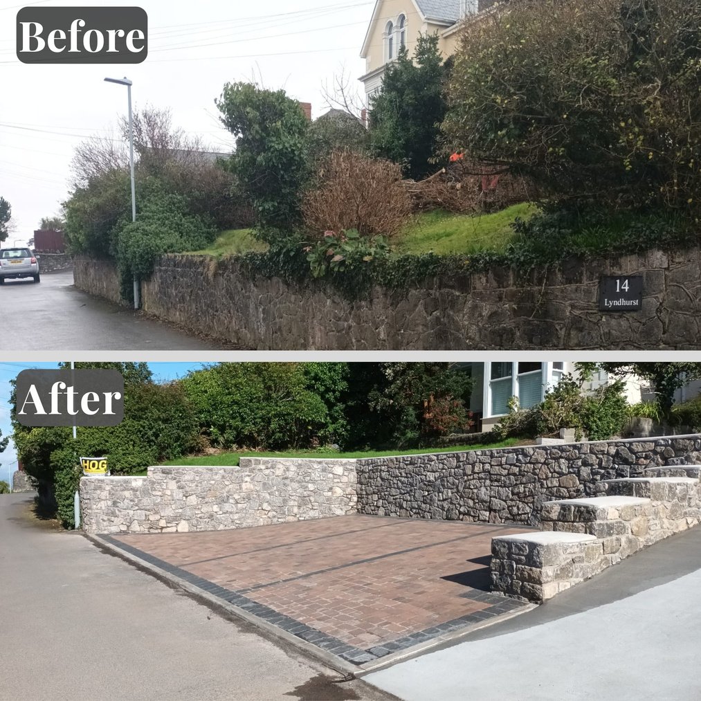 a picture of a before and after of a driveway. Before is a garden and an old wall, after is a beautiful new driveway in it's place