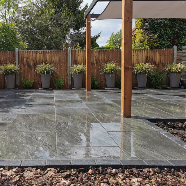 shiny grey porcelain patio